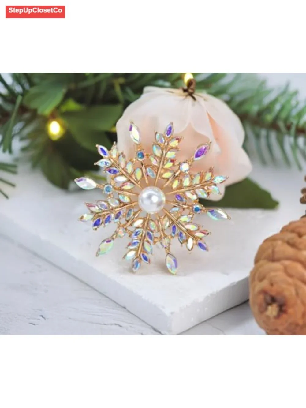 Iridescent Crystal Snowflake Flower Brooch Pin Convertible Pendant Gold-Tone